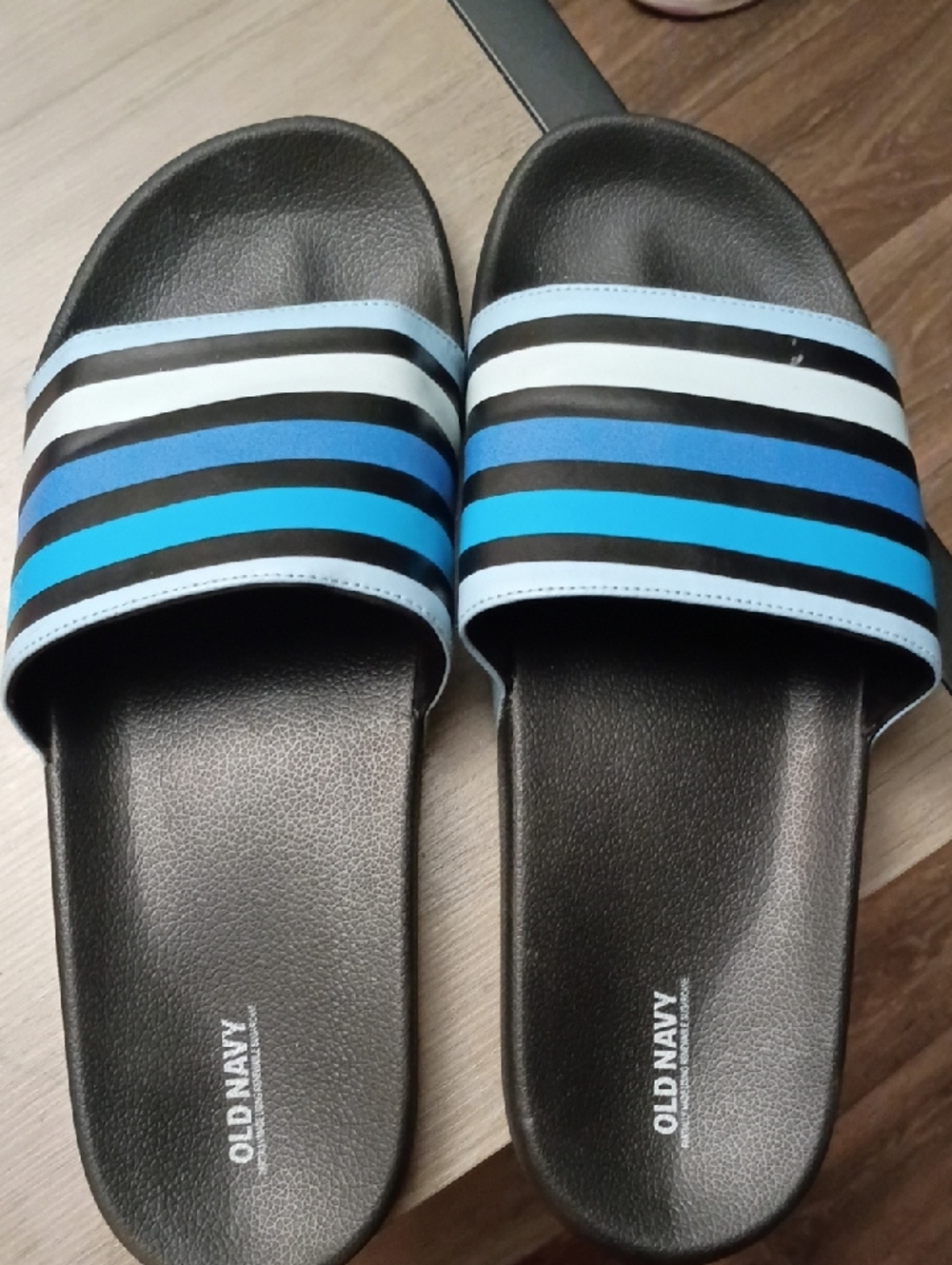 Old Navy Black Slides with Blue and White Stripes